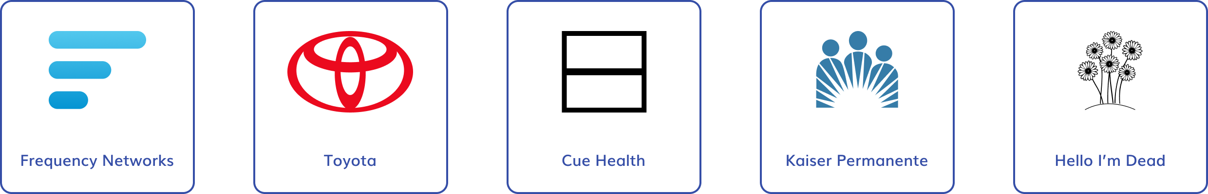 Companies I've worked with: Frequency Networks, Toyota, Cue Health, Kaiser Permanente, Hello I'm Dead