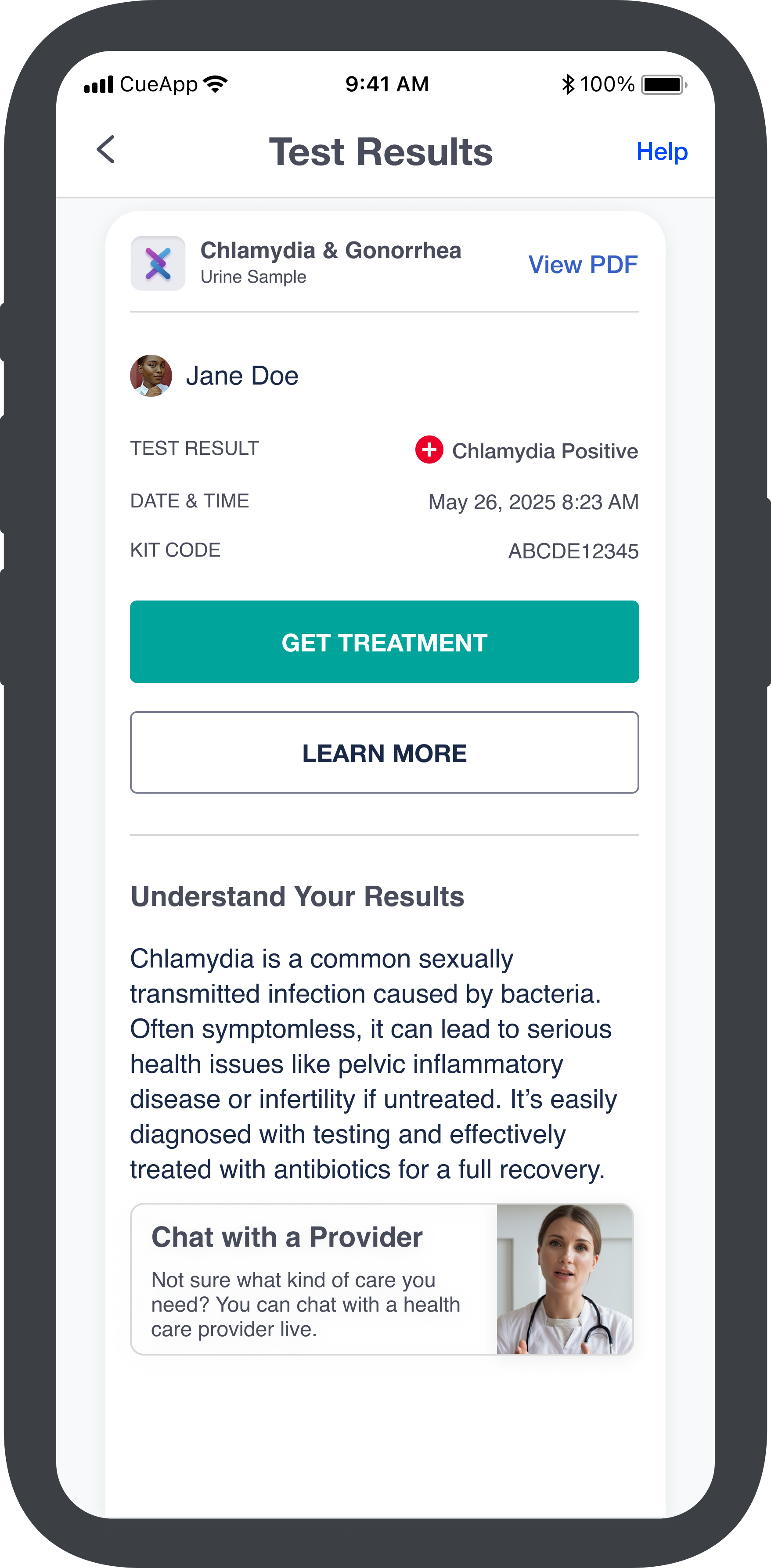 Panel test — Chlamydia positive detail screen with treatment CTA