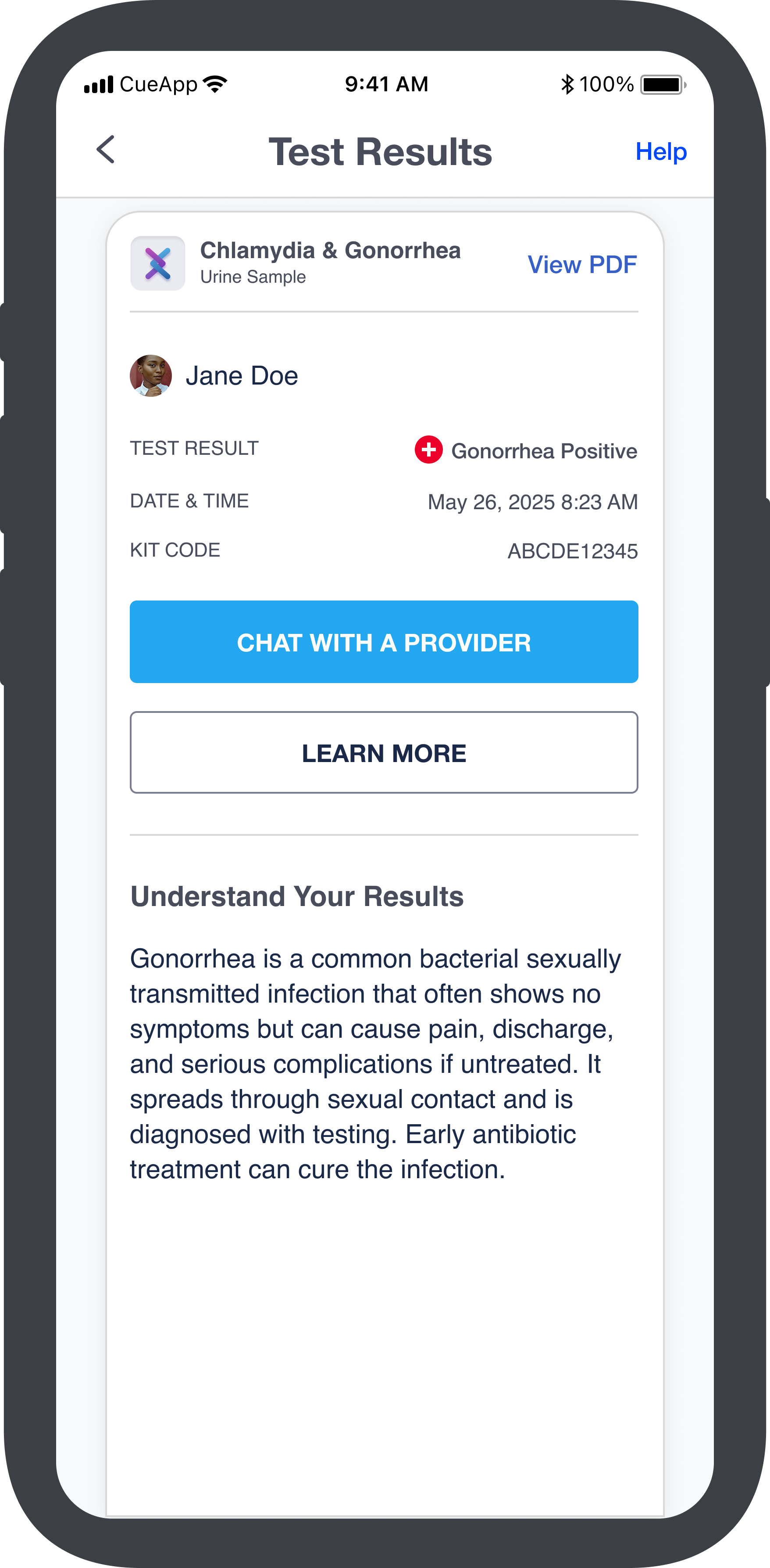 Panel test — Gonorrhea positive detail screen with provider chat CTA