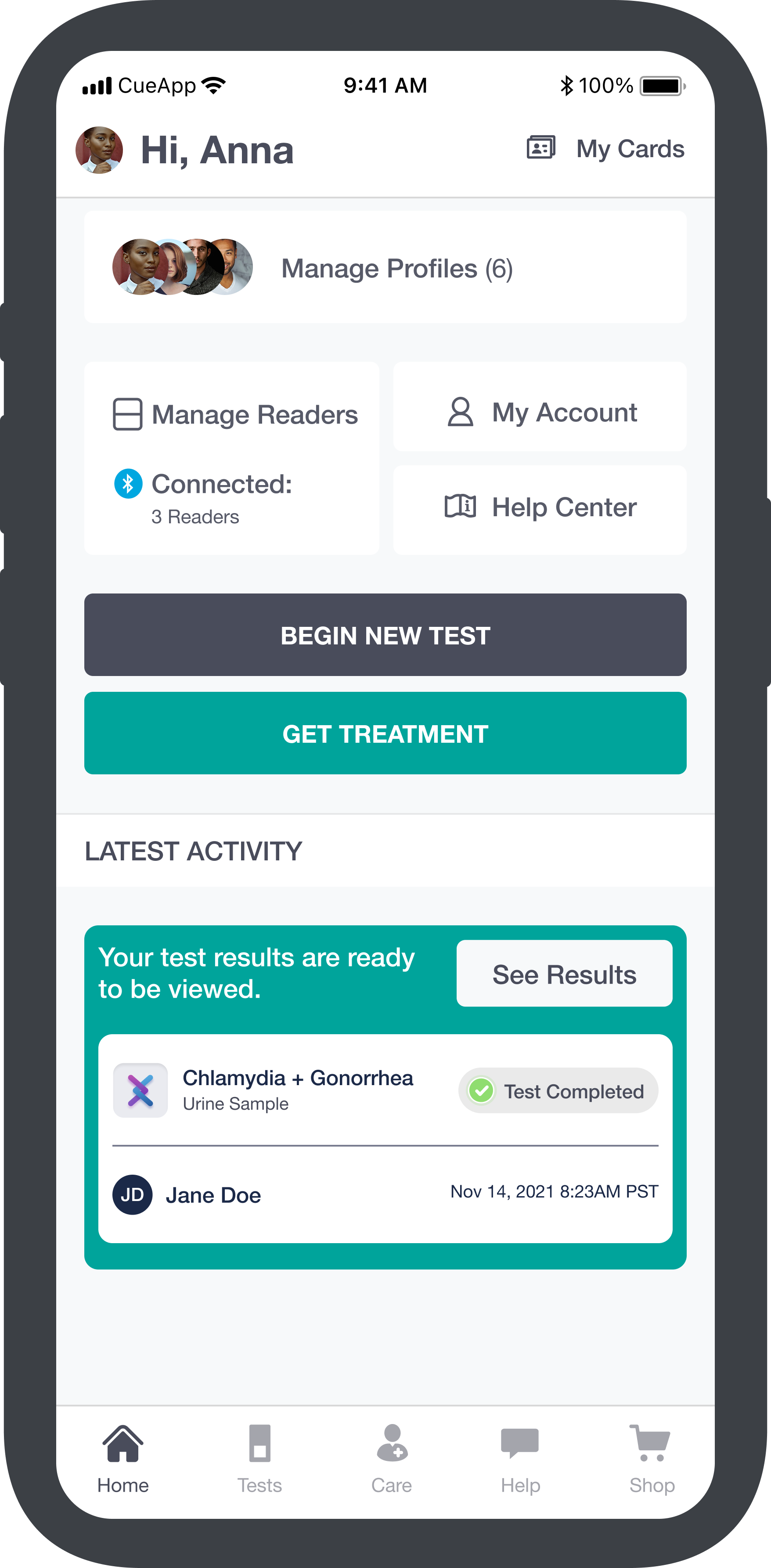 Panel test — home screen showing Chlamydia & Gonorrhea test completed activity card