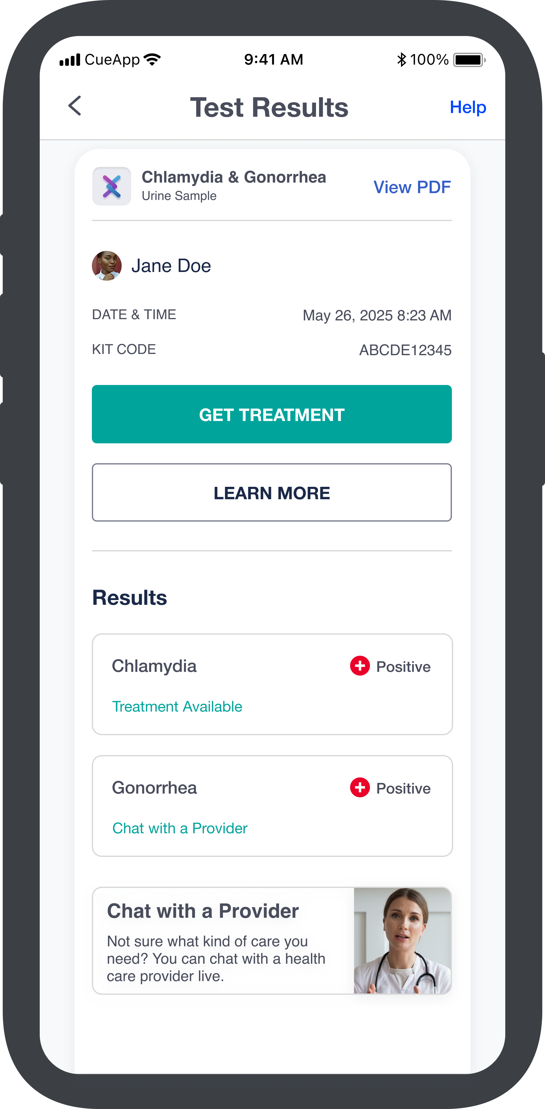 Panel test — results summary screen listing Chlamydia and Gonorrhea results