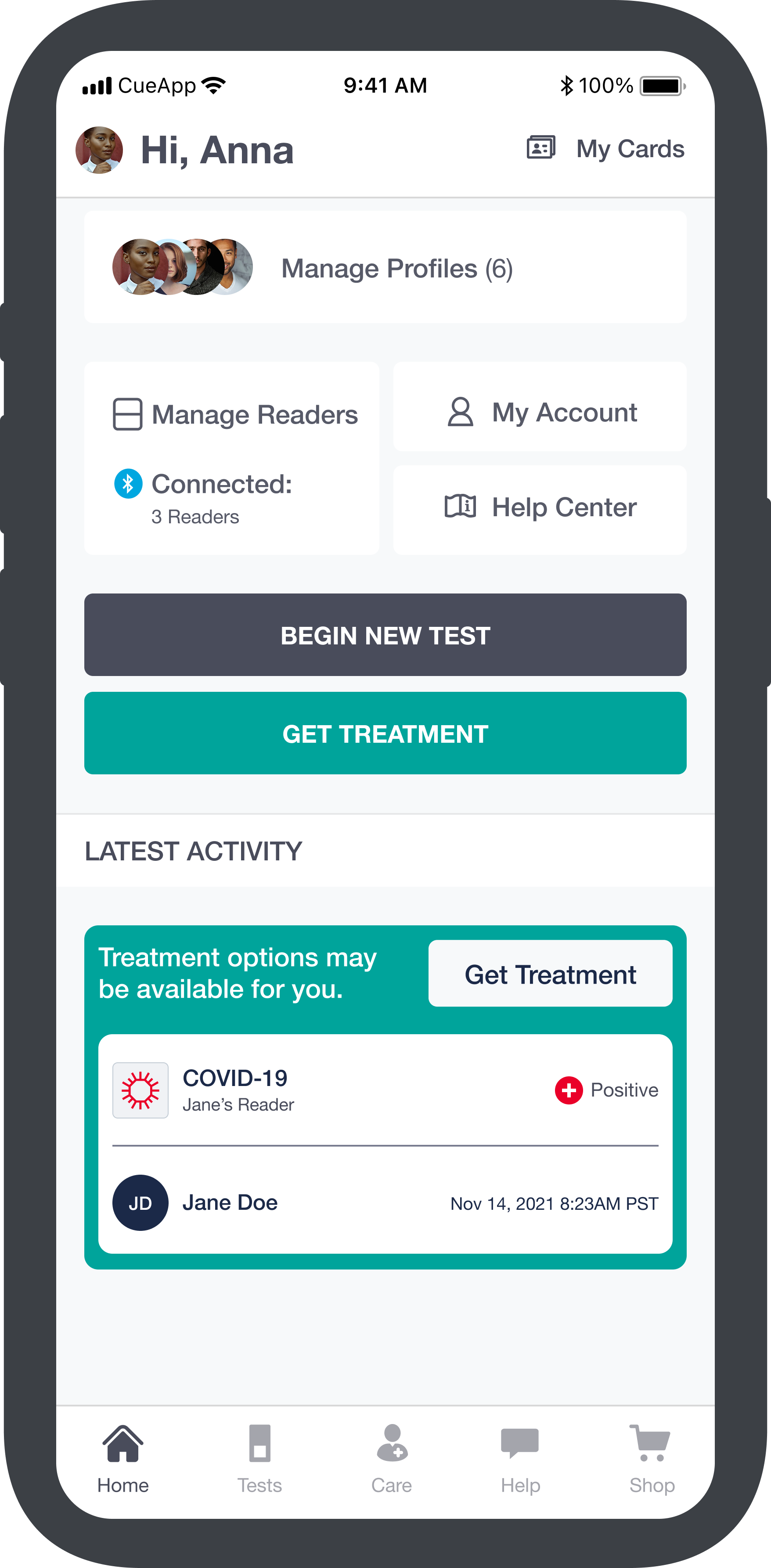 Single analyte — home screen showing results activity card with COVID-19 positive result and treatment CTA