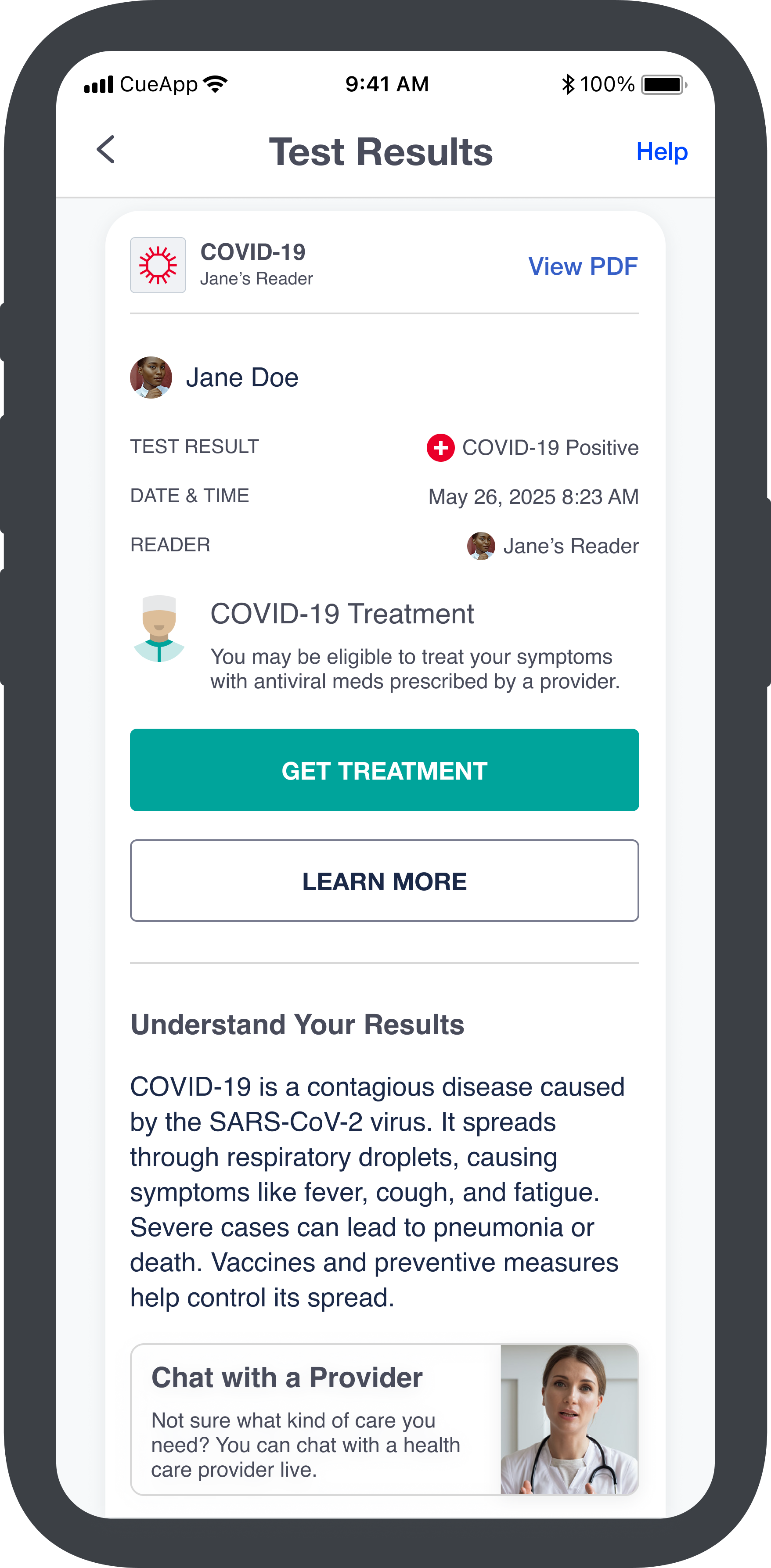 Single analyte — test result detail screen showing COVID-19 positive result with treatment options