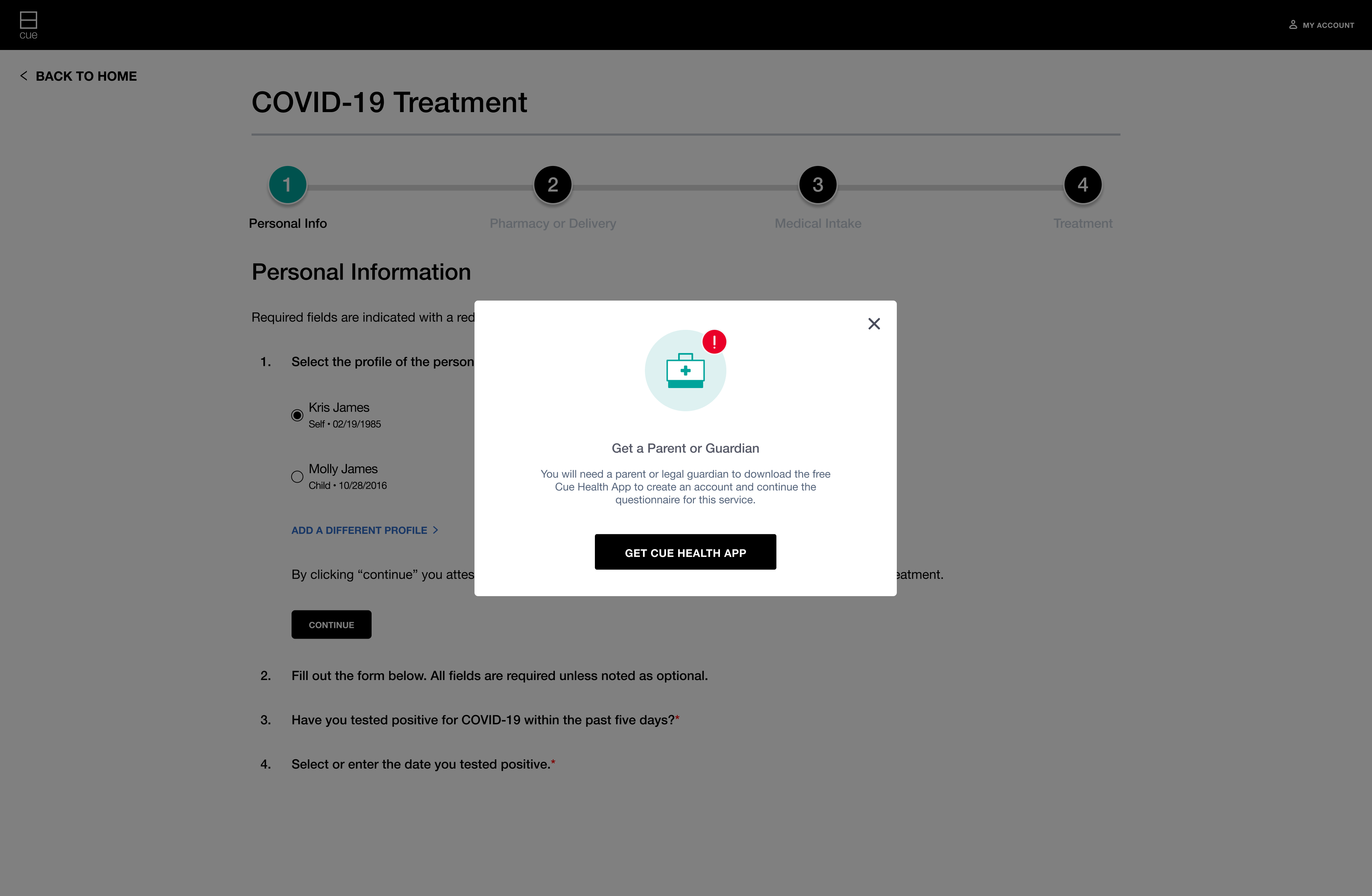 Questionnaire refer-out modal — ineligibility message with Get Cue Health App CTA