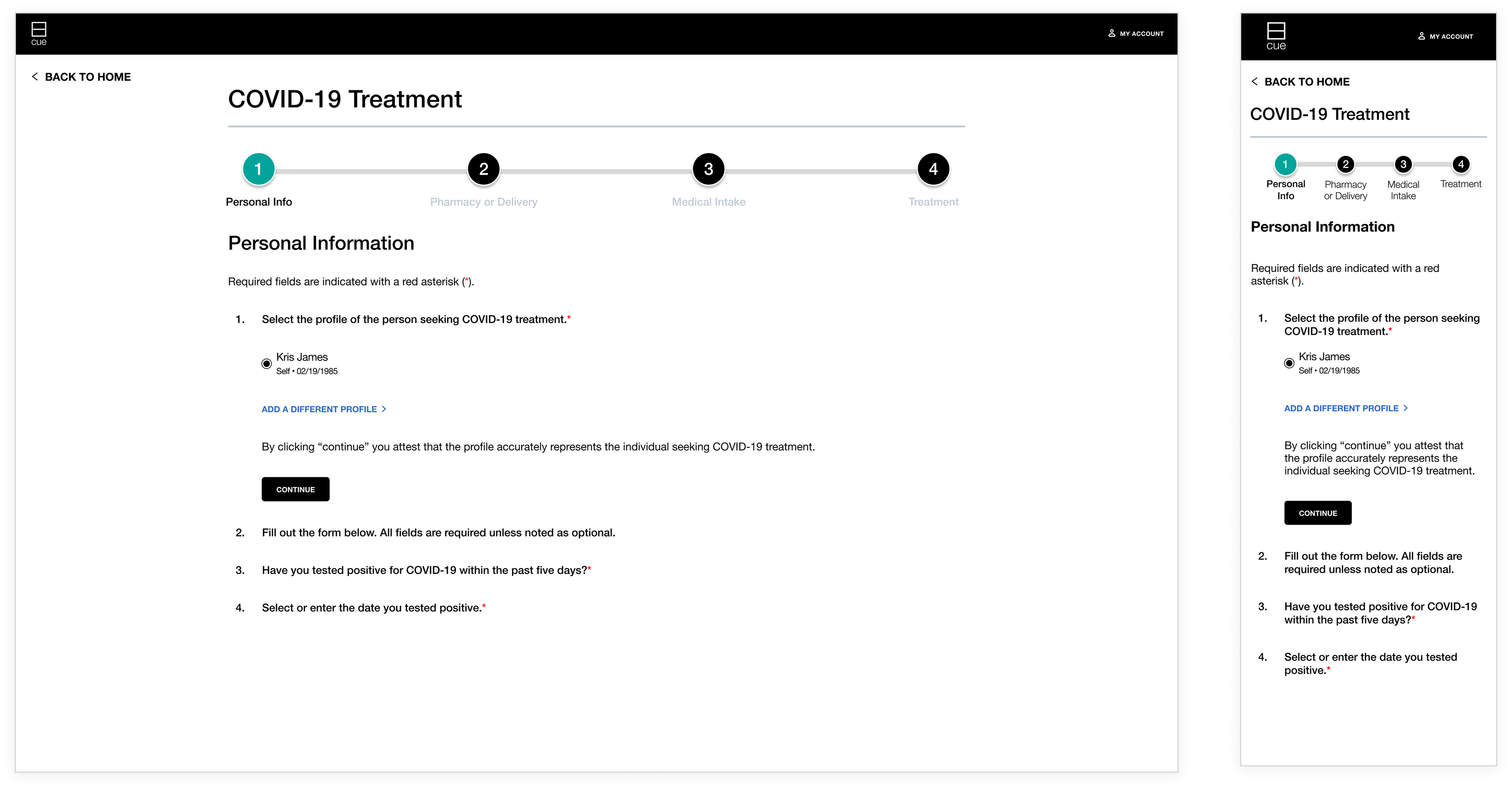Medical intake questionnaire — desktop and mobile views of the Personal Information step