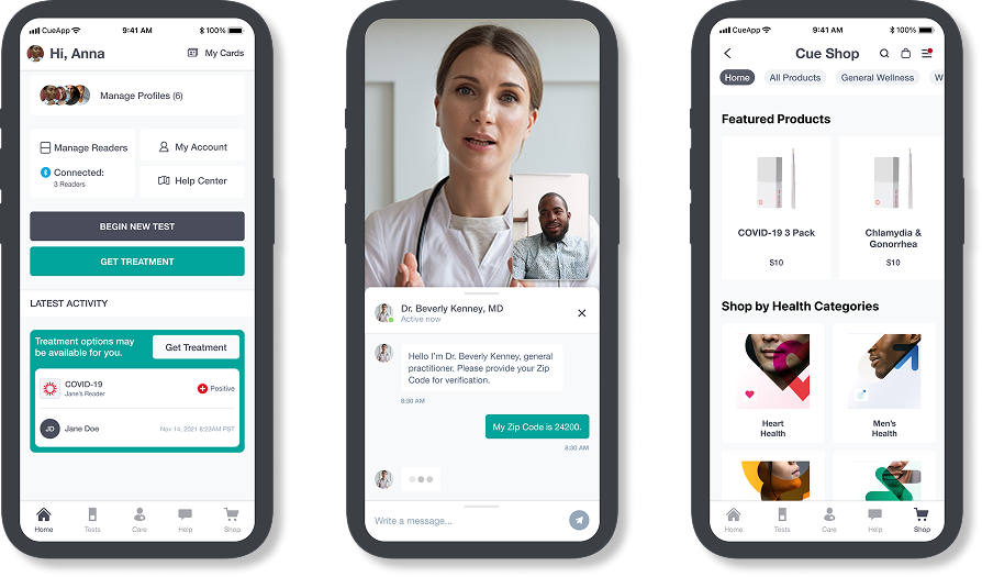 Cue Health app screens