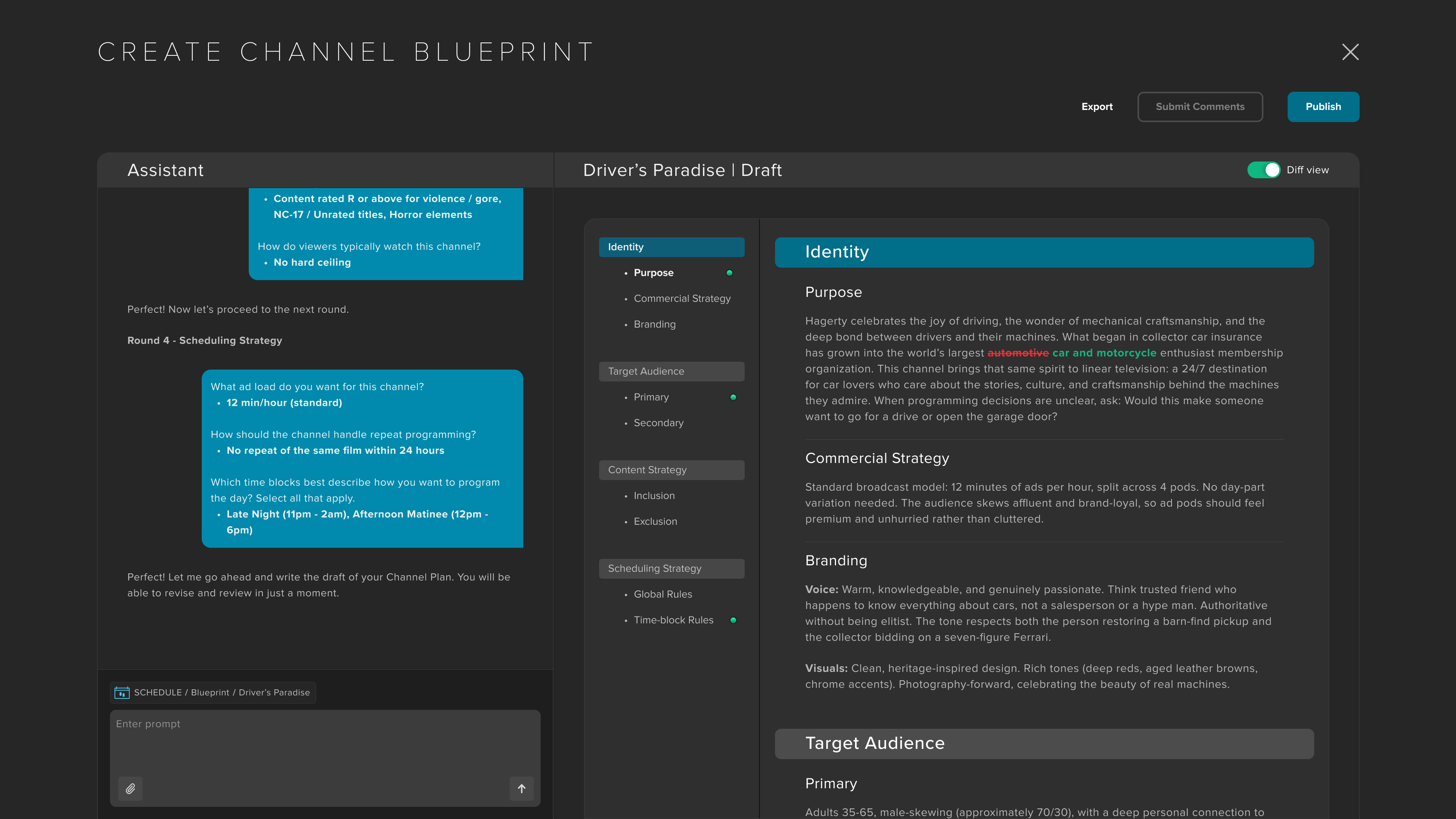 Frequency Studio Blueprint interface showing an AI assistant alongside a channel strategy document