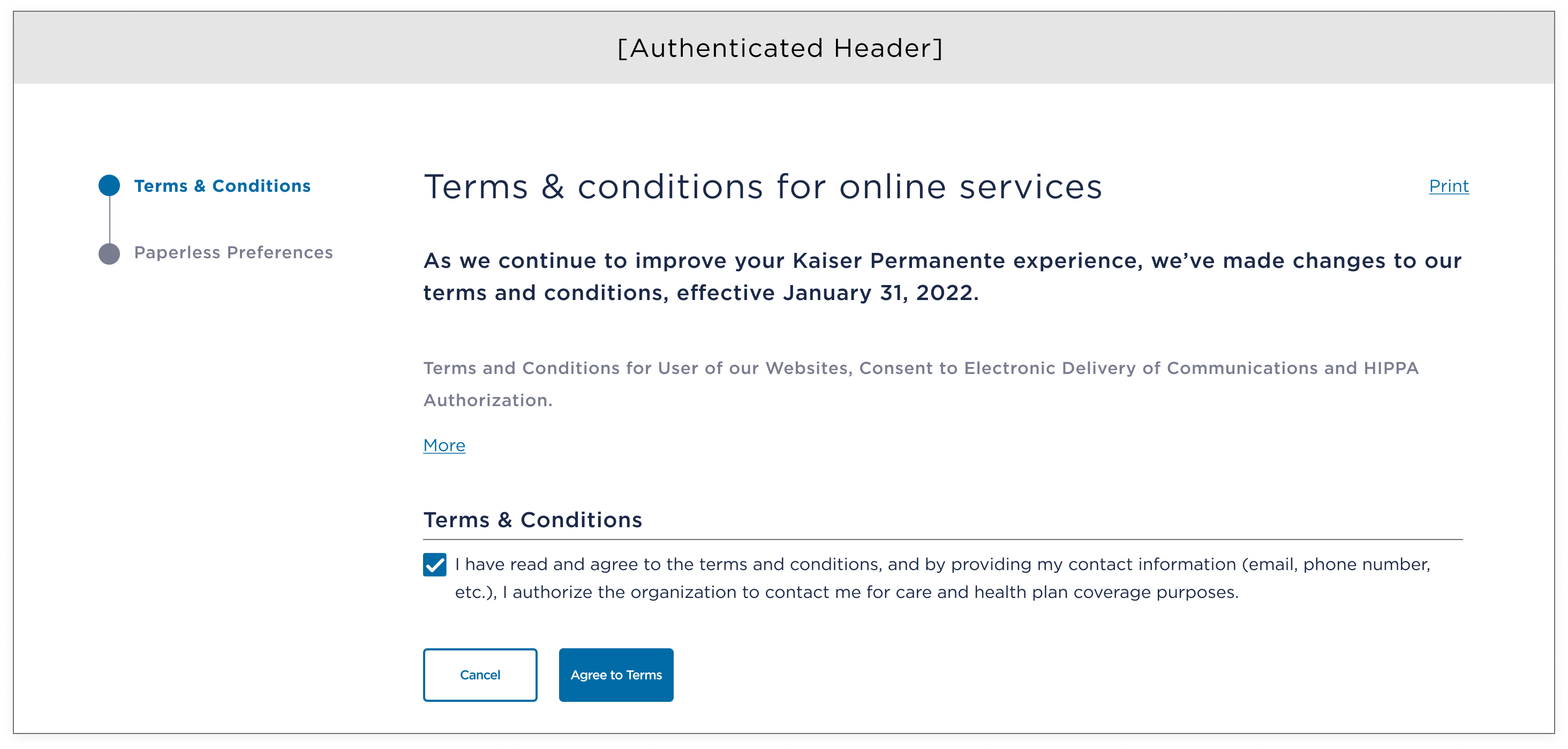Two-step flow — desktop wireframes showing Paperless Preferences confirmation screens