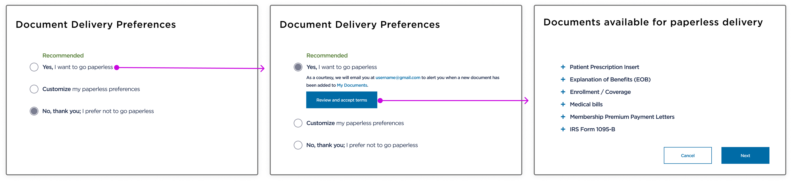 Existing Document Delivery Preferences page — desktop view showing UX issues