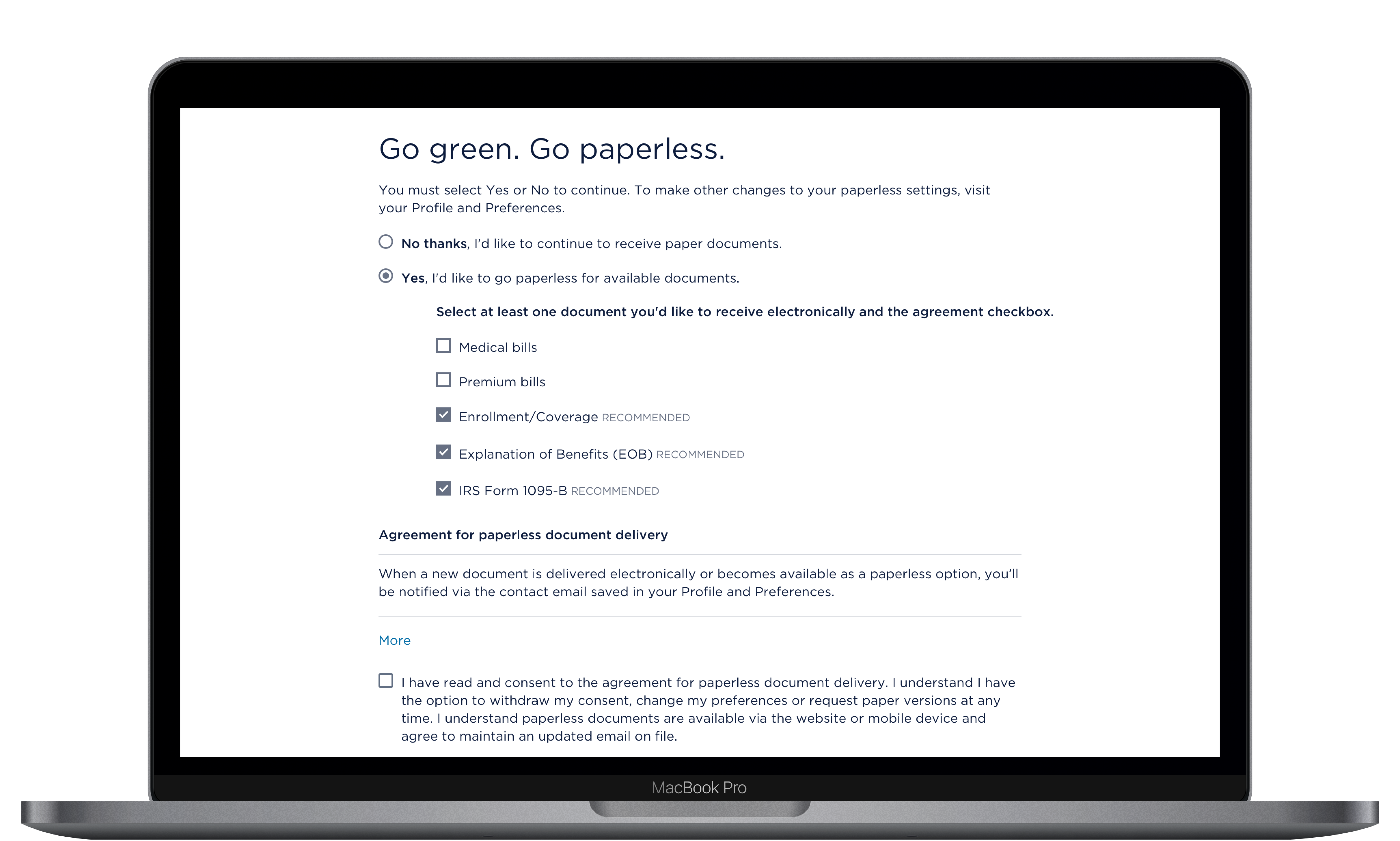 Paperless Preferences — desktop view