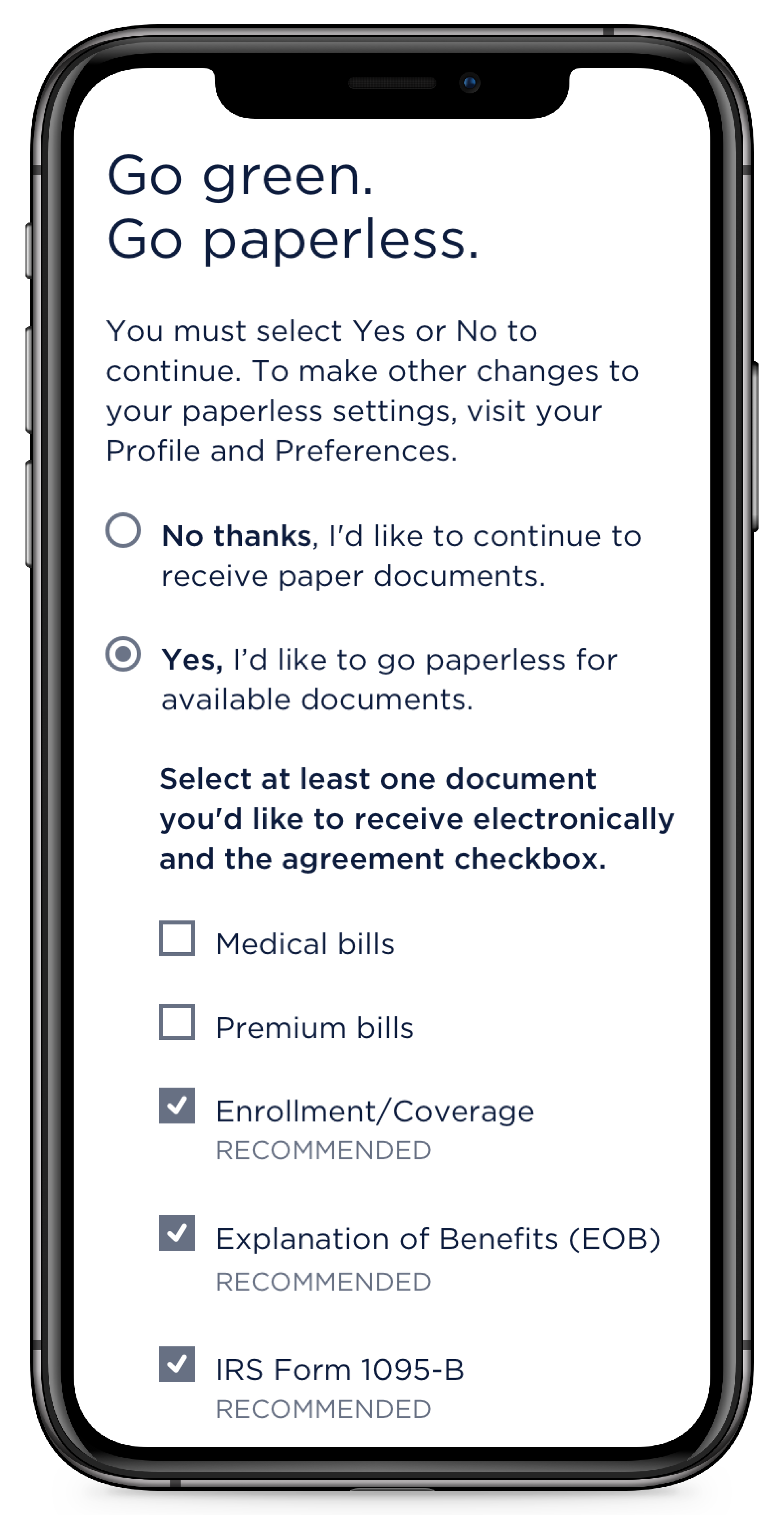Paperless Preferences — mobile view
