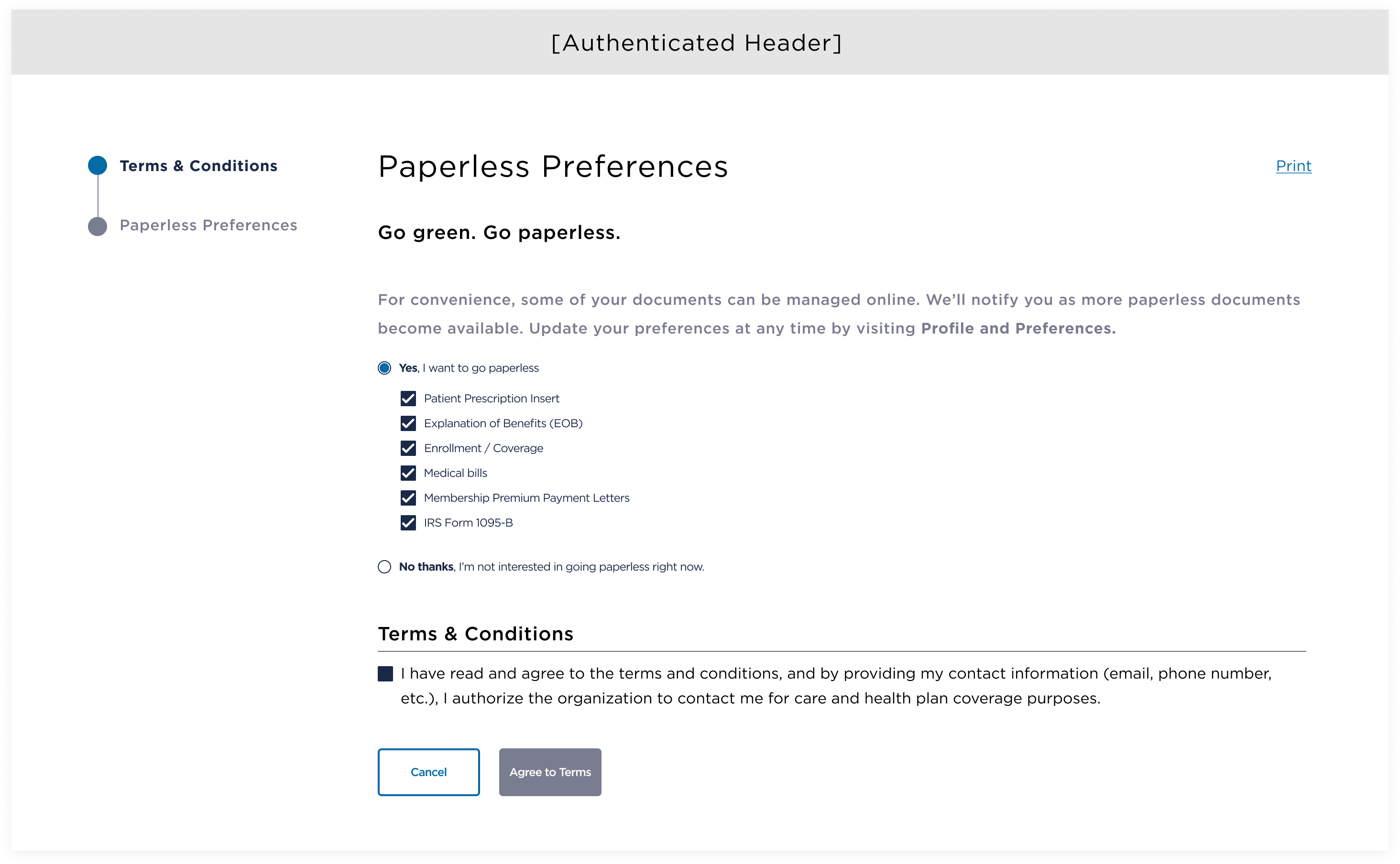 Early iteration 1 — initial Paperless Preferences radio button design
