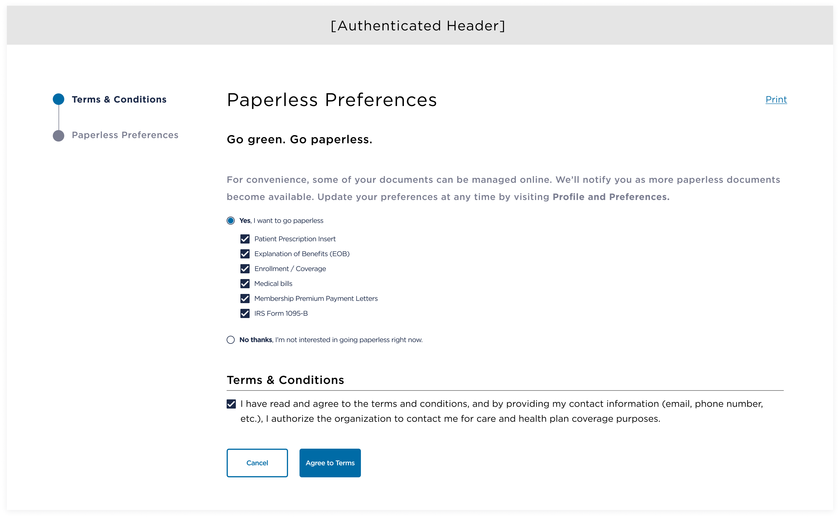 Early iteration 2 — Paperless Preferences with document category checkboxes revealed