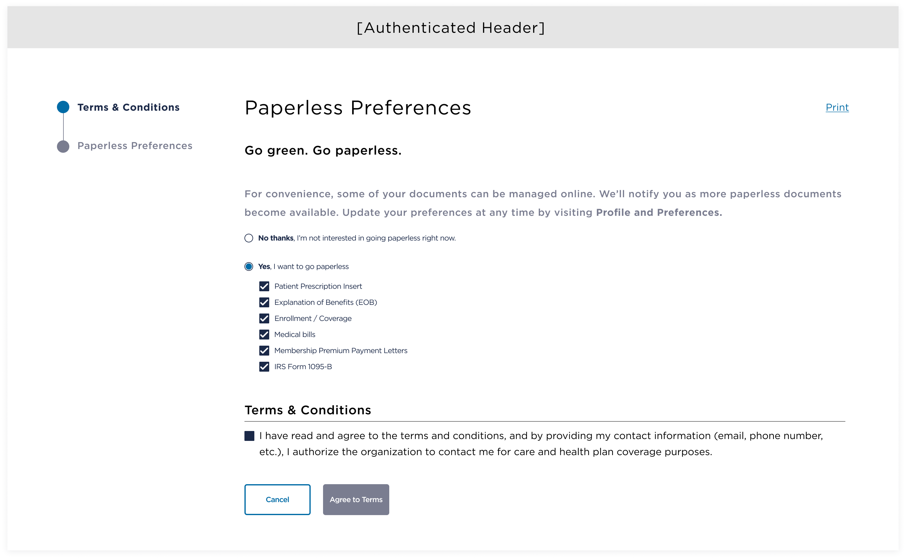 ADA-driven refinement — Paperless Preferences with Yes defaulted, No above it, and RECOMMENDED labels on pre-selected categories