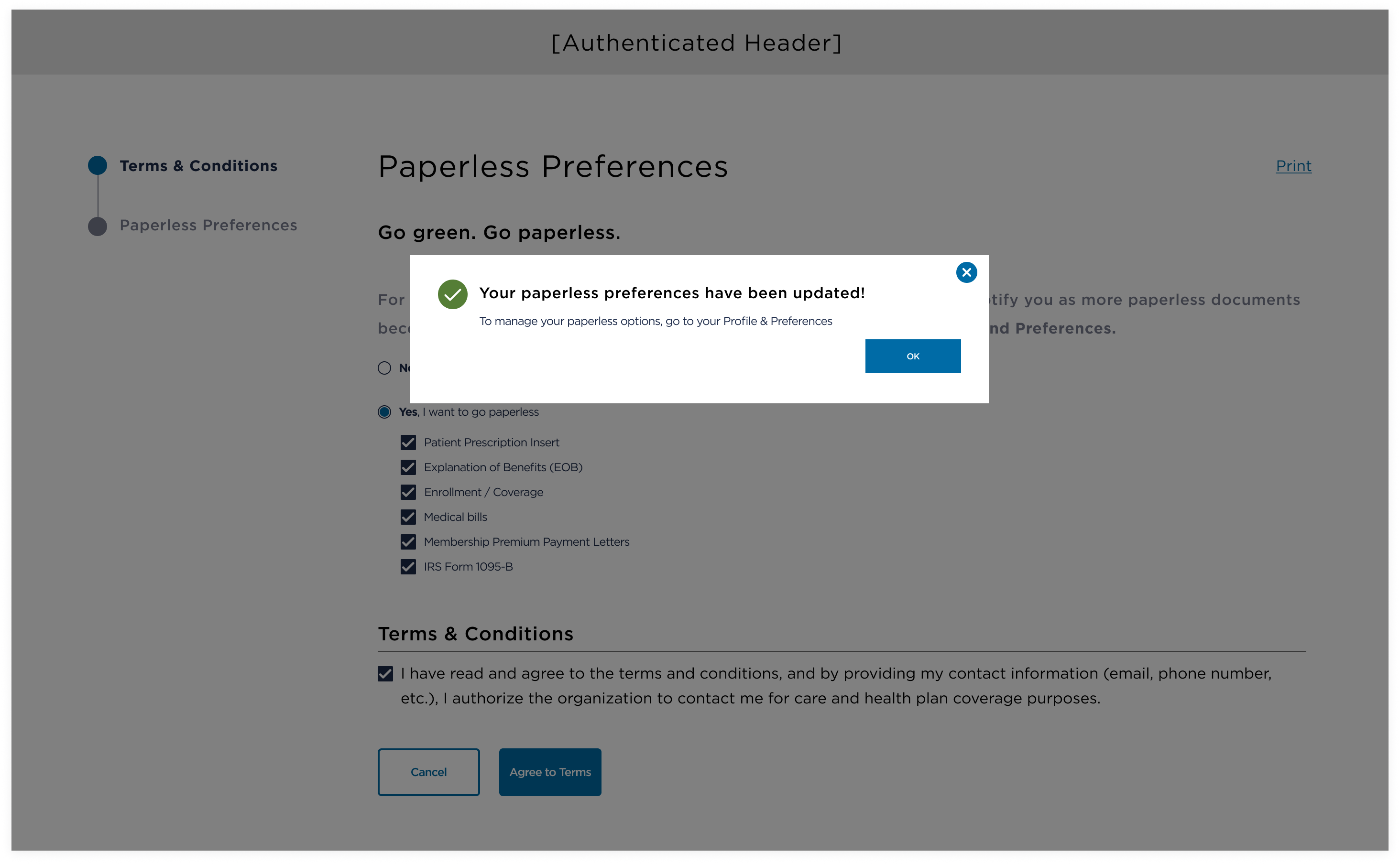 Refined Paperless Preferences — mobile with ADA-compliant layout