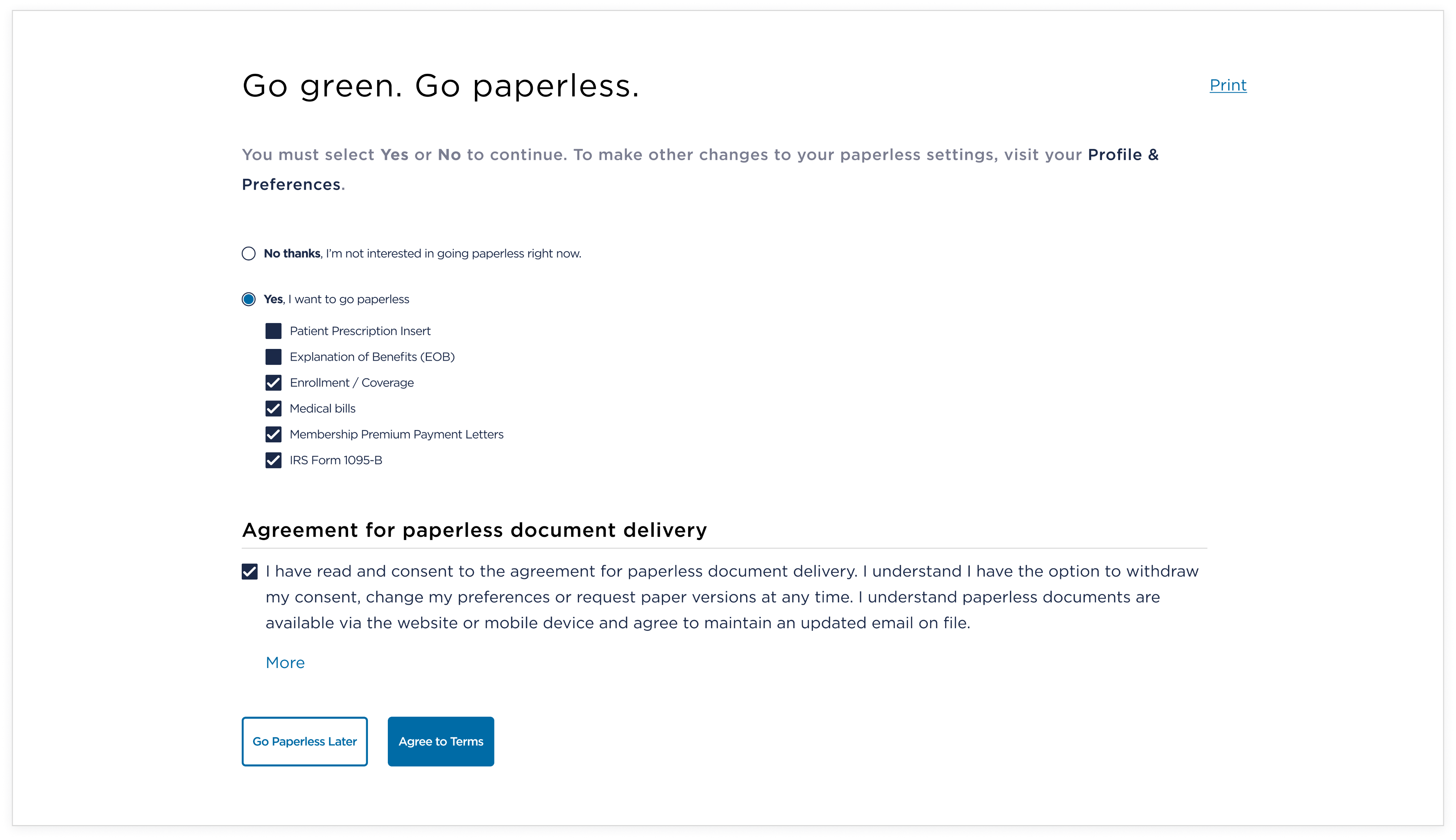 'Go paperless later' escape state flow — showing deferral path and re-prompt logic