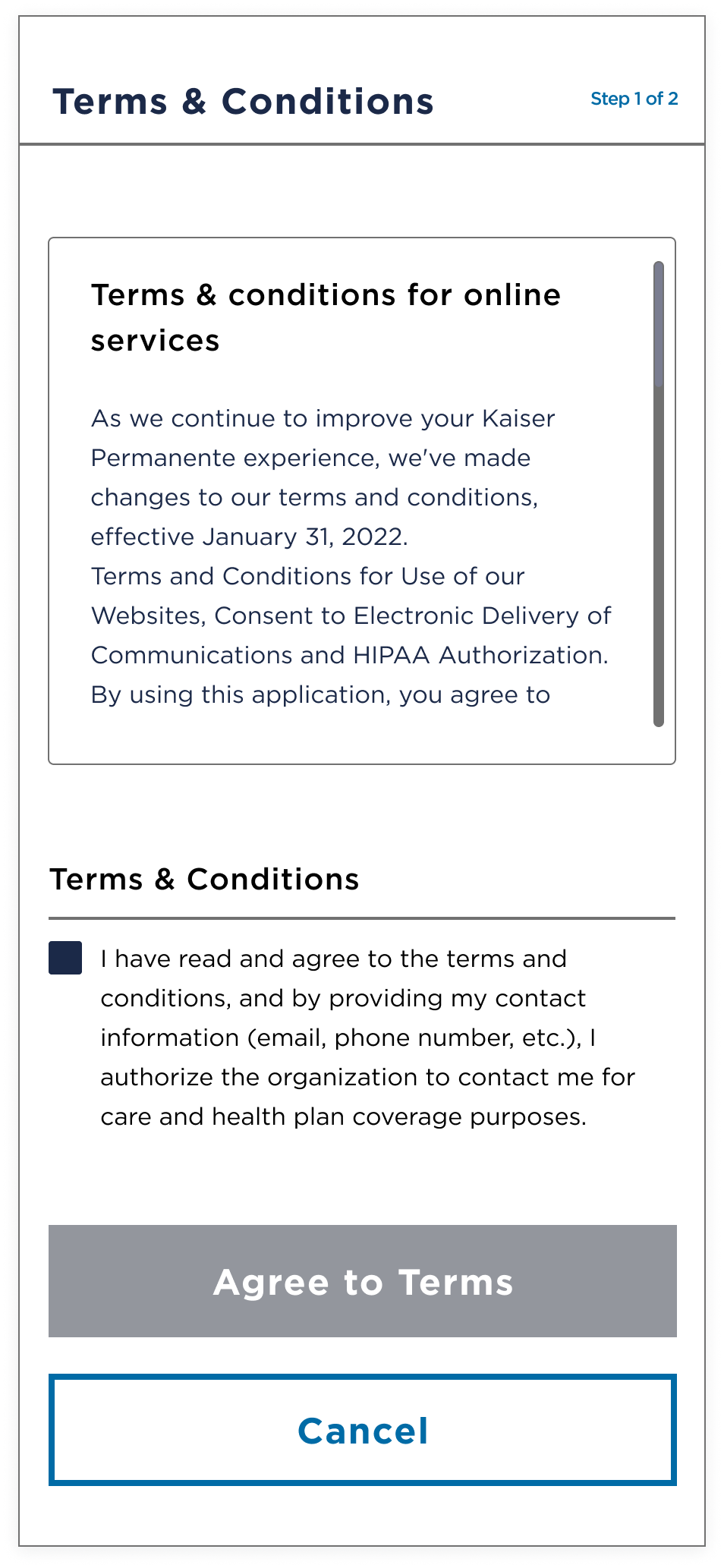 T&C mobile scroll — showing the Terms and Conditions step on mobile