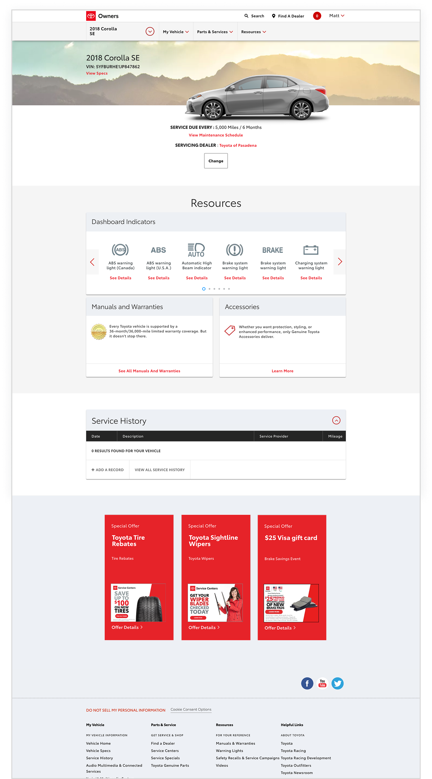 Existing Toyota Owners Dashboard — desktop view