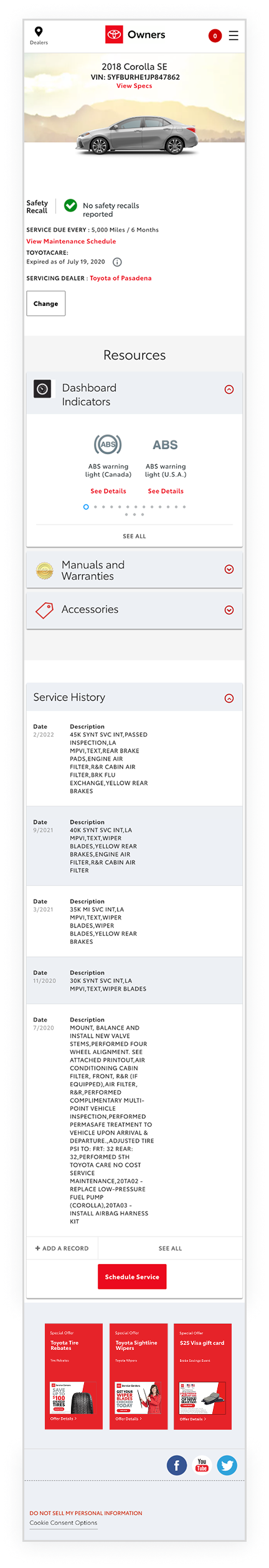 Existing Toyota Owners Dashboard — mobile view