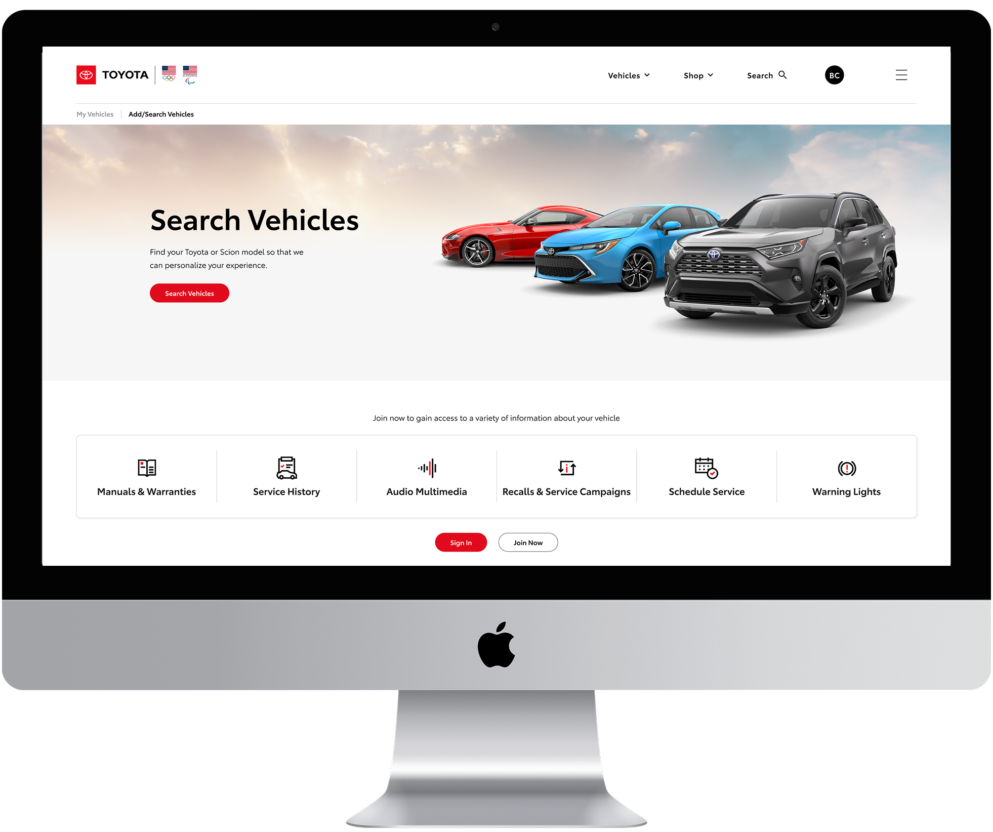 Toyota My Vehicle Dashboard — redesigned desktop view with Search Vehicles hero