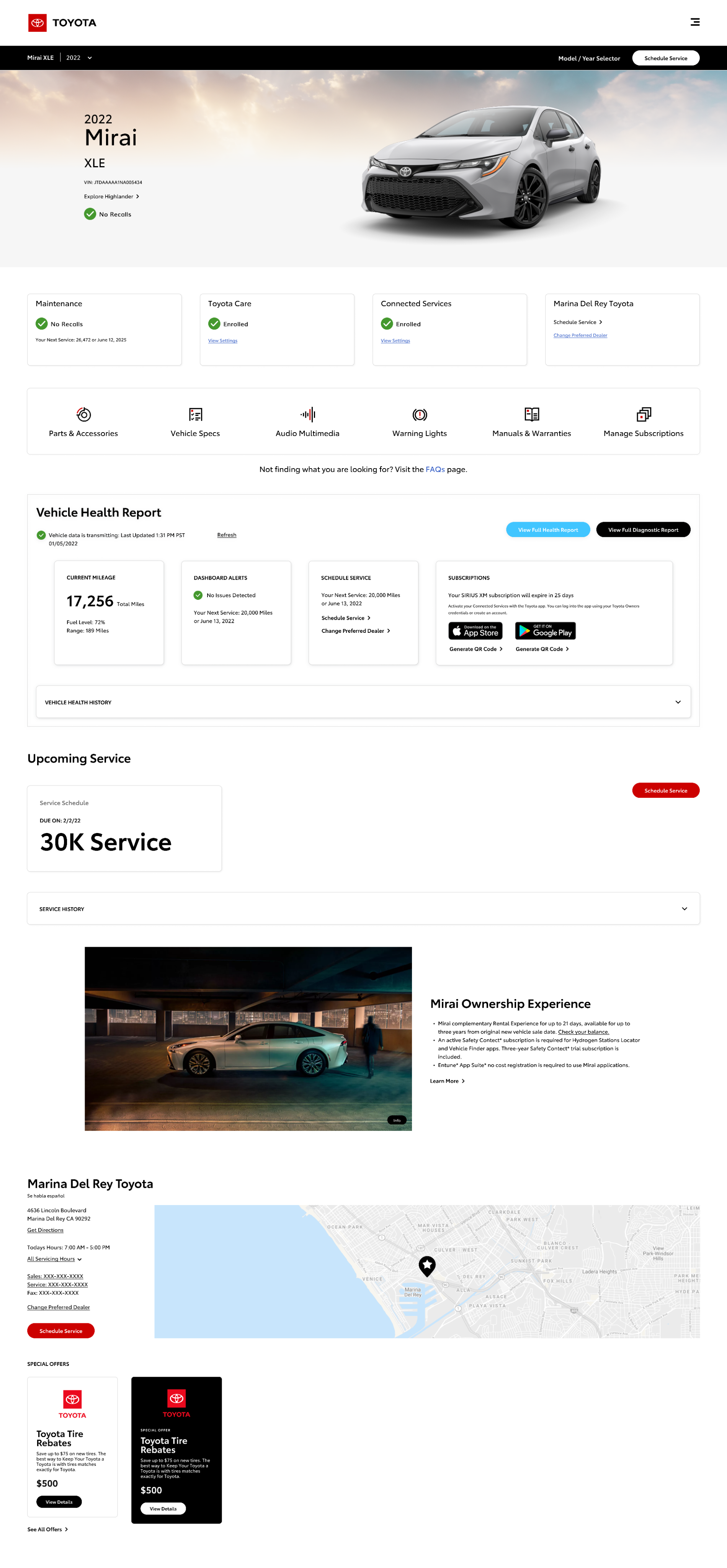 Full page hi-fi — VIN-entered vehicle with Connected Services, annotated desktop view across all six components