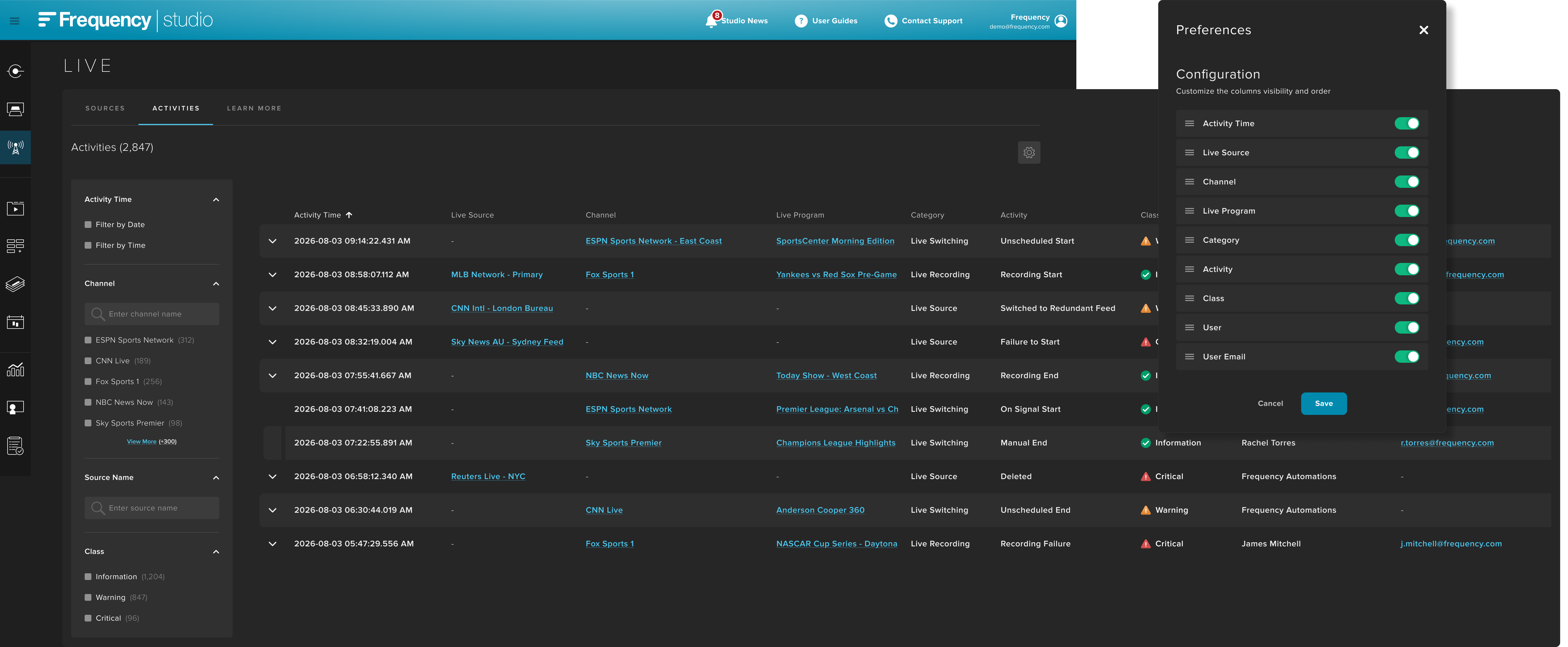 LIVE audit log with filterable columns for switching events, recordings, failures, and source changes