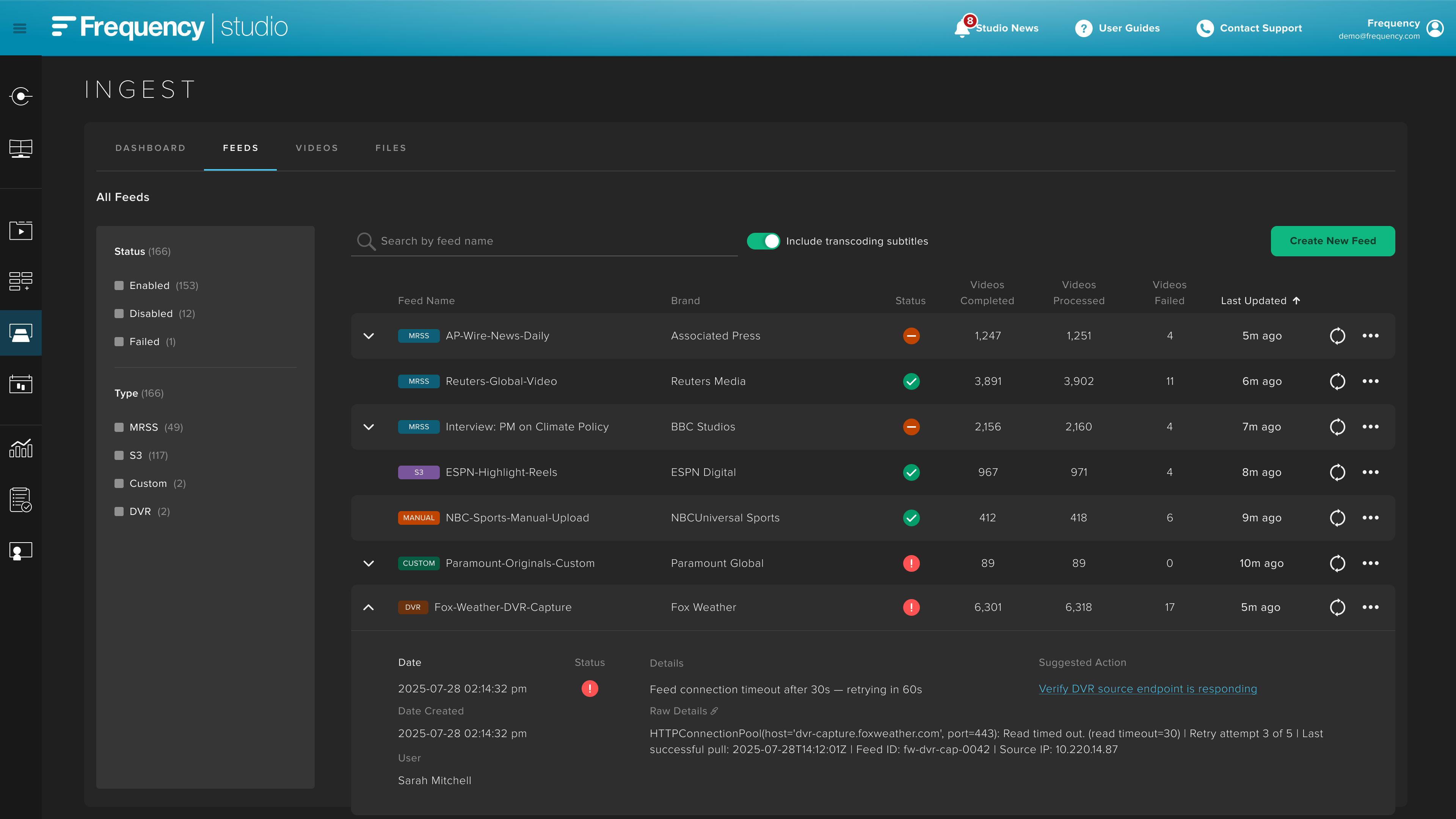 INGEST Feeds view with a collapsed feed list showing consistent status indicators and filtering controls