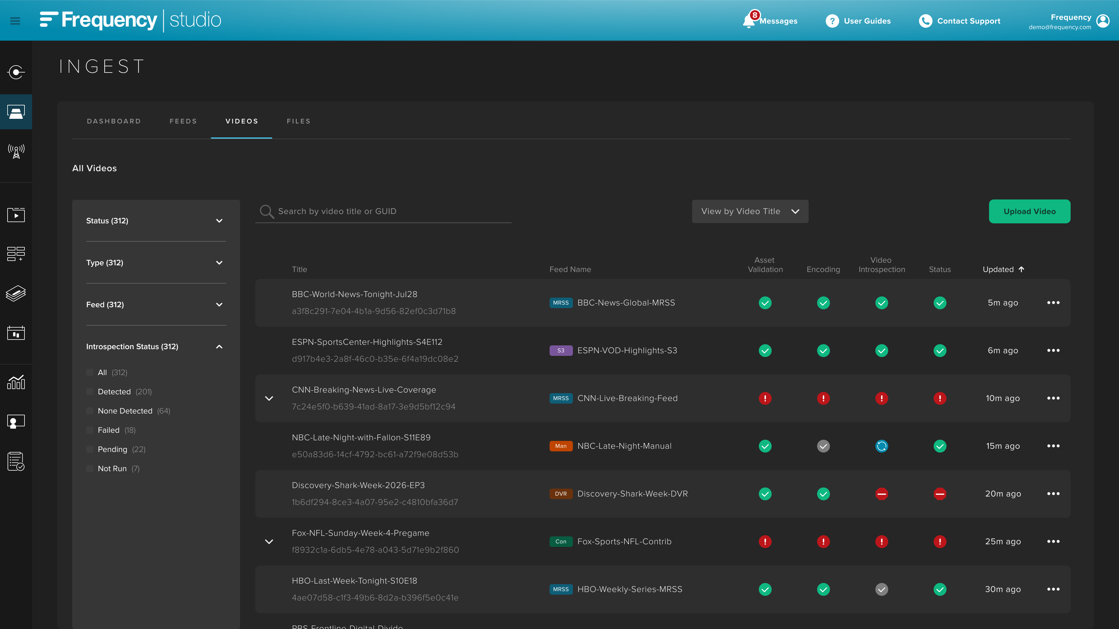 INGEST Videos view showing a sortable table with consolidated health status indicators for each asset