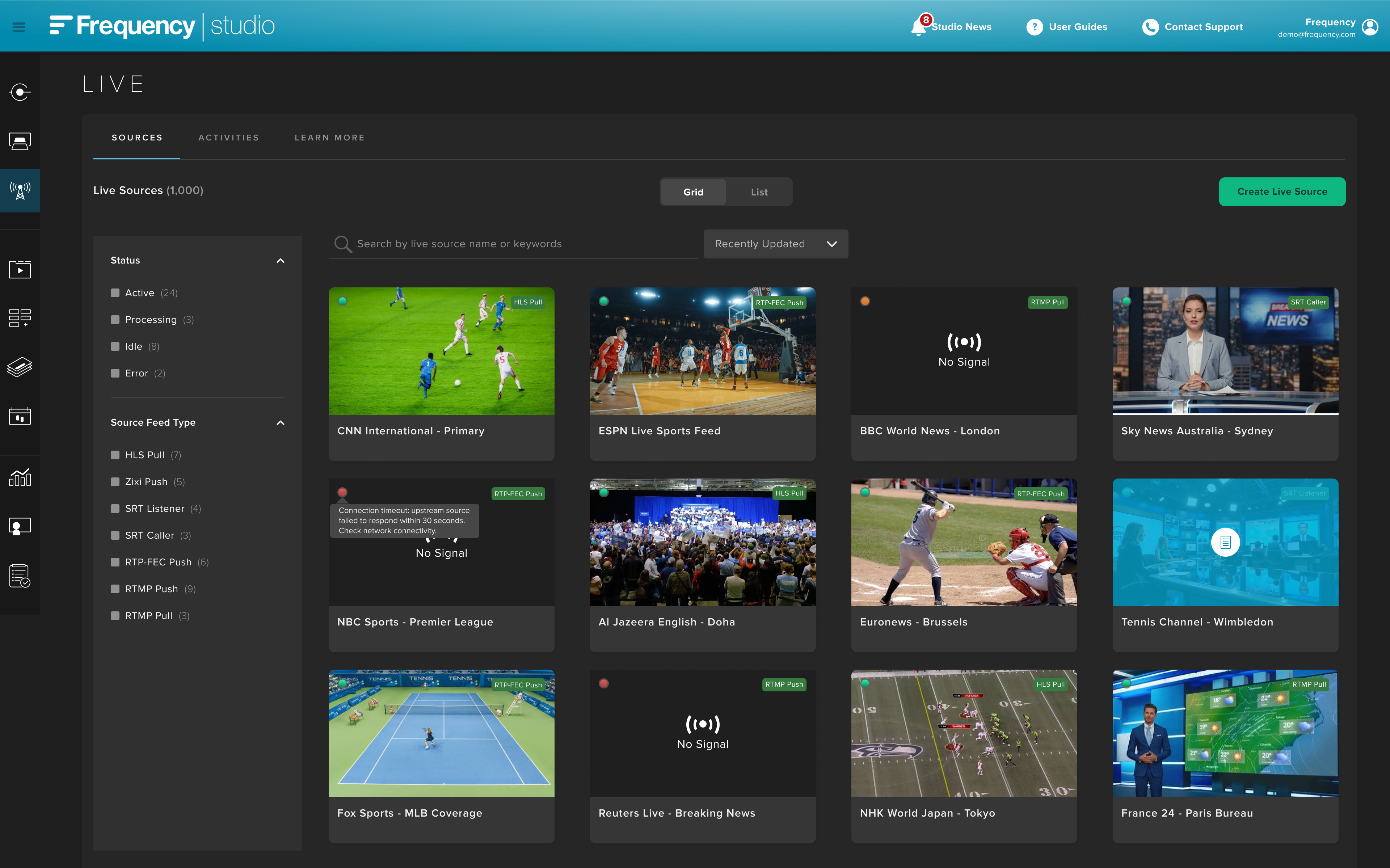 LIVE Sources grid view showing multiple live video sources with status icons for Idle, Warming, Ready, and Live states