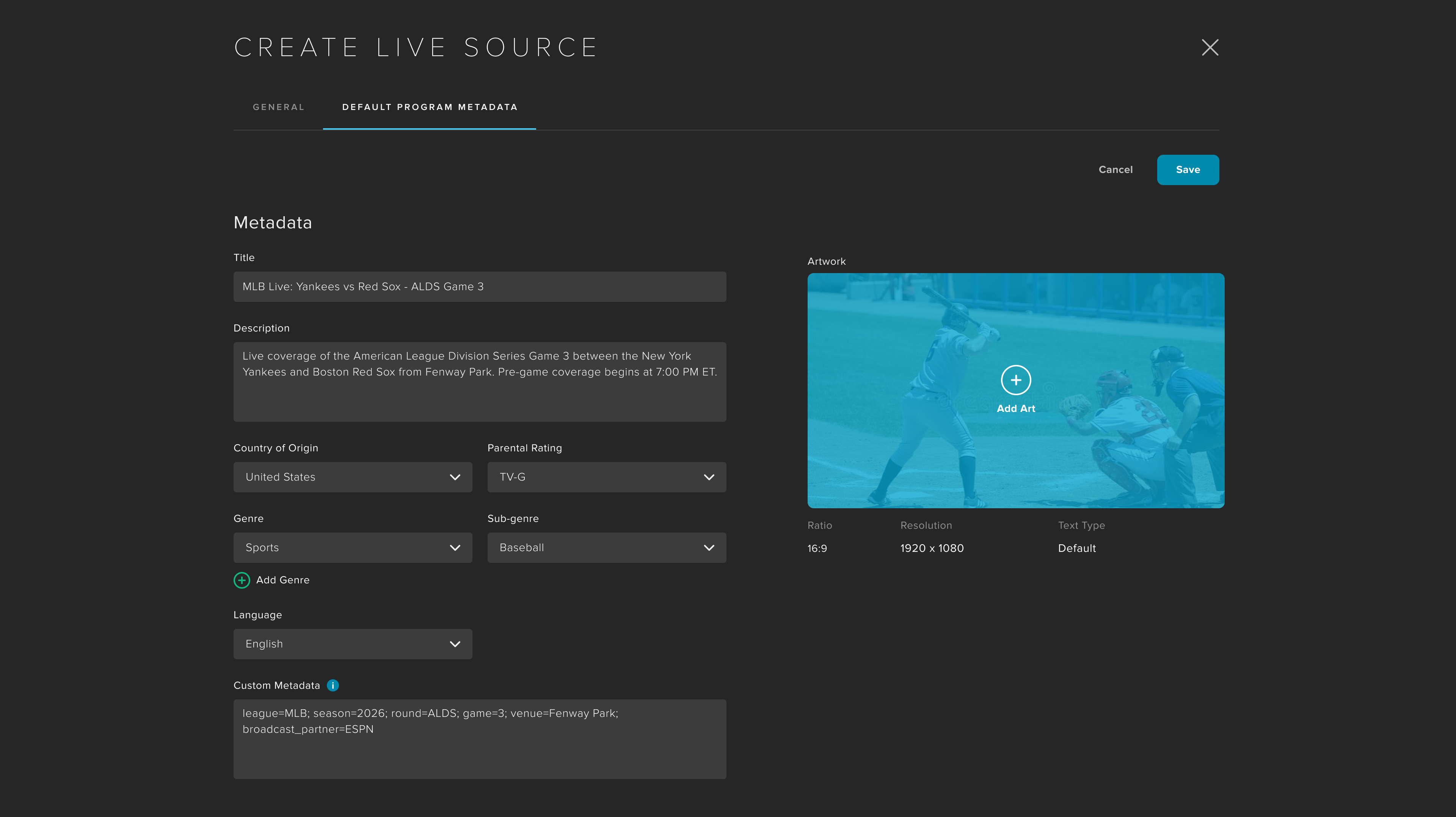 MANAGE Live Source Details panel showing editable metadata and configuration for an existing source