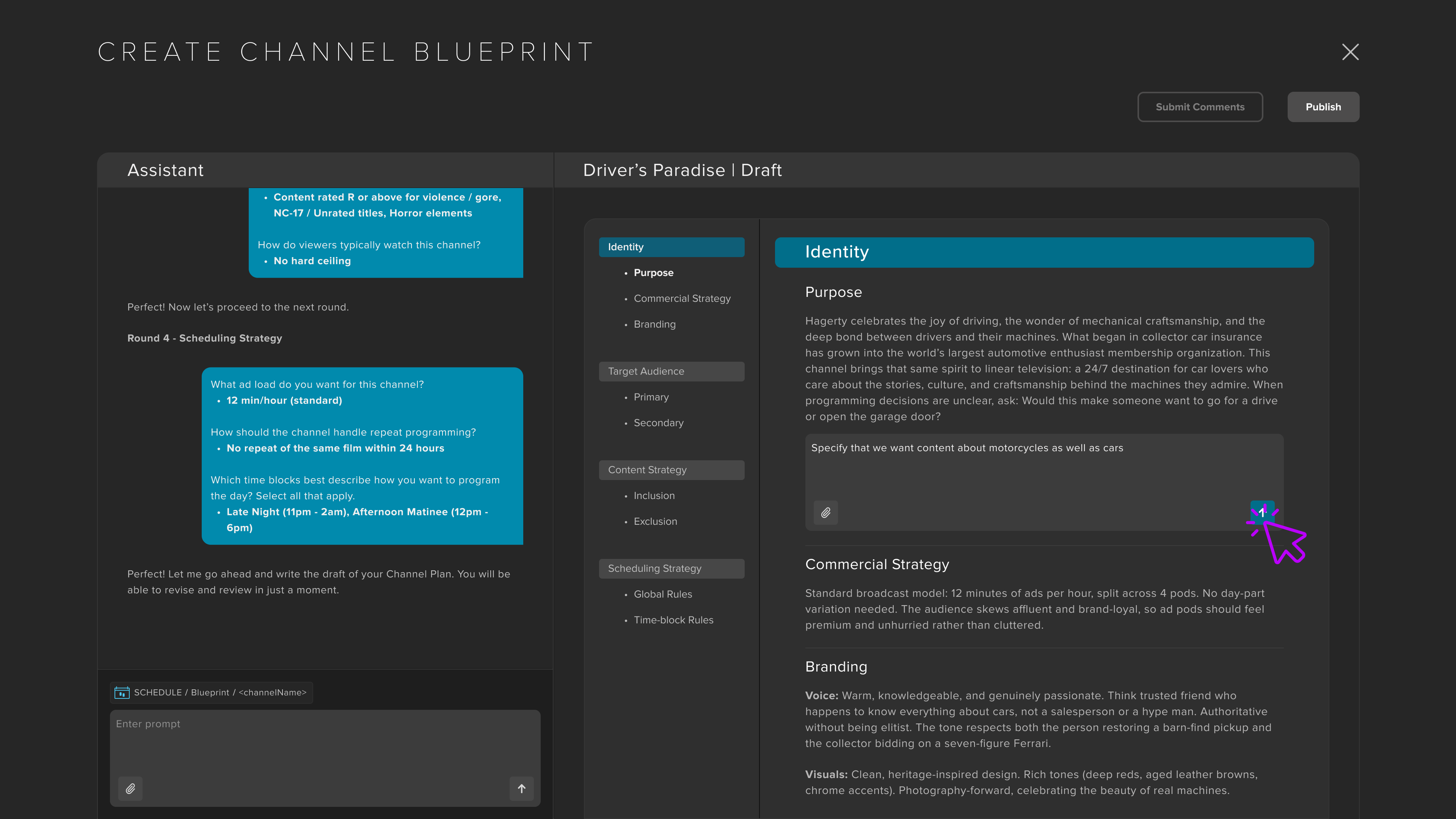 Blueprint review canvas with inline comments on a scheduling strategy section