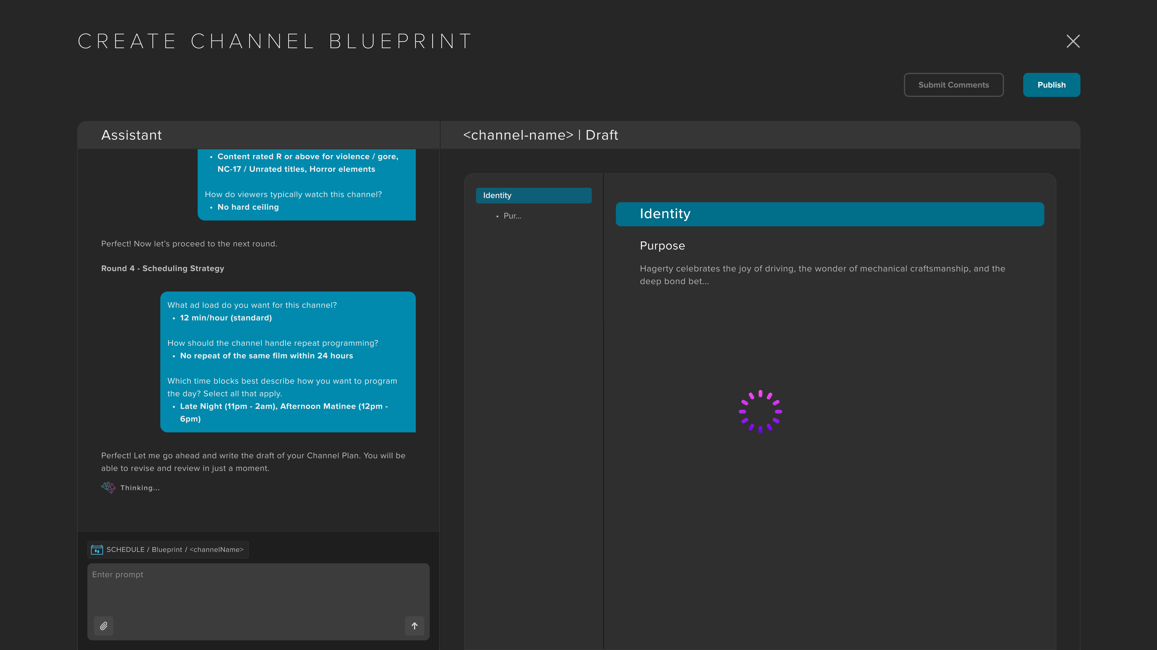 Adaptive Blueprint creation questionnaire with the generated document appearing in a canvas beside the chat