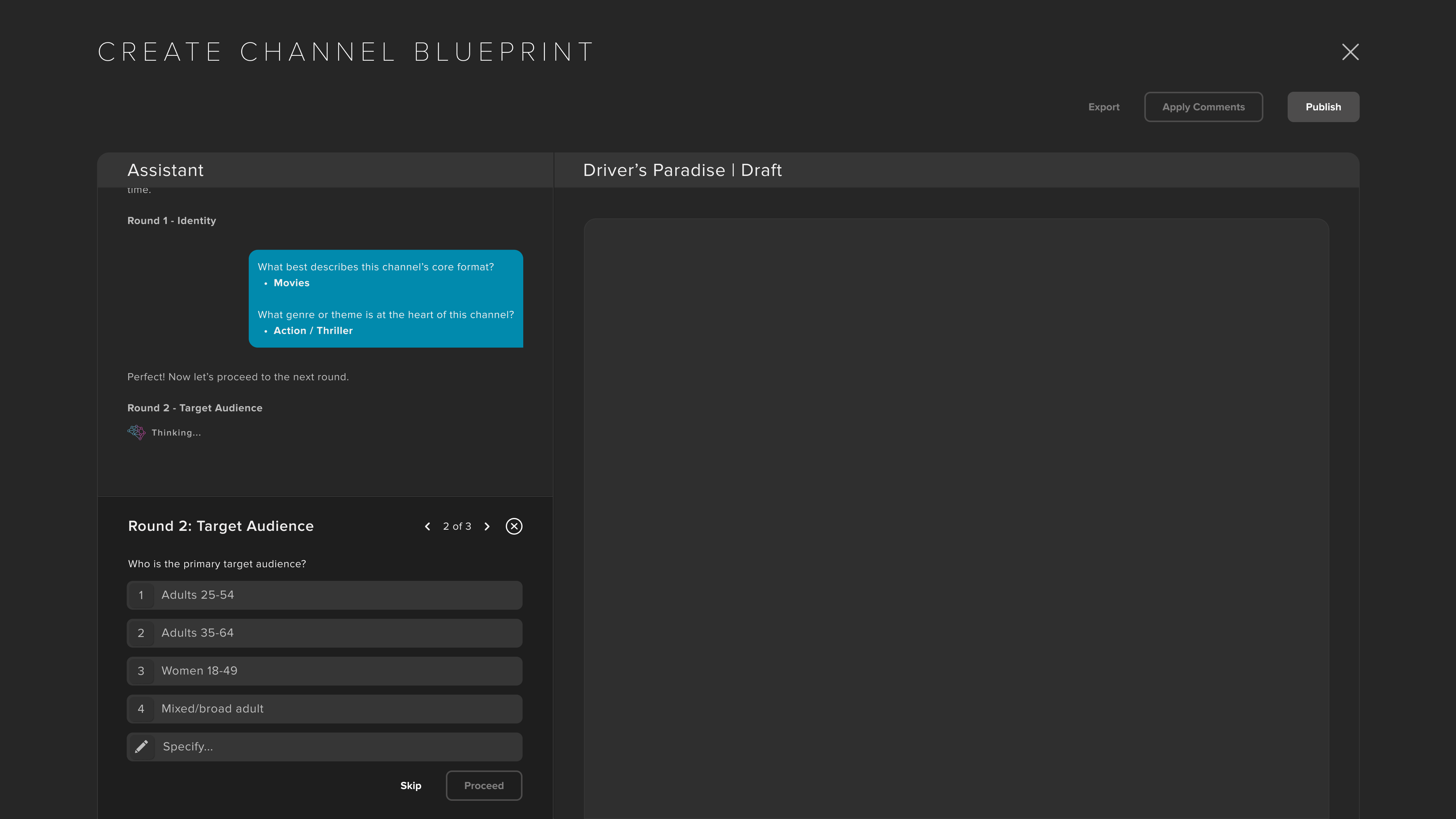 Blueprint creation modal launched from SCHEDULE, showing the AI assistant guiding channel setup