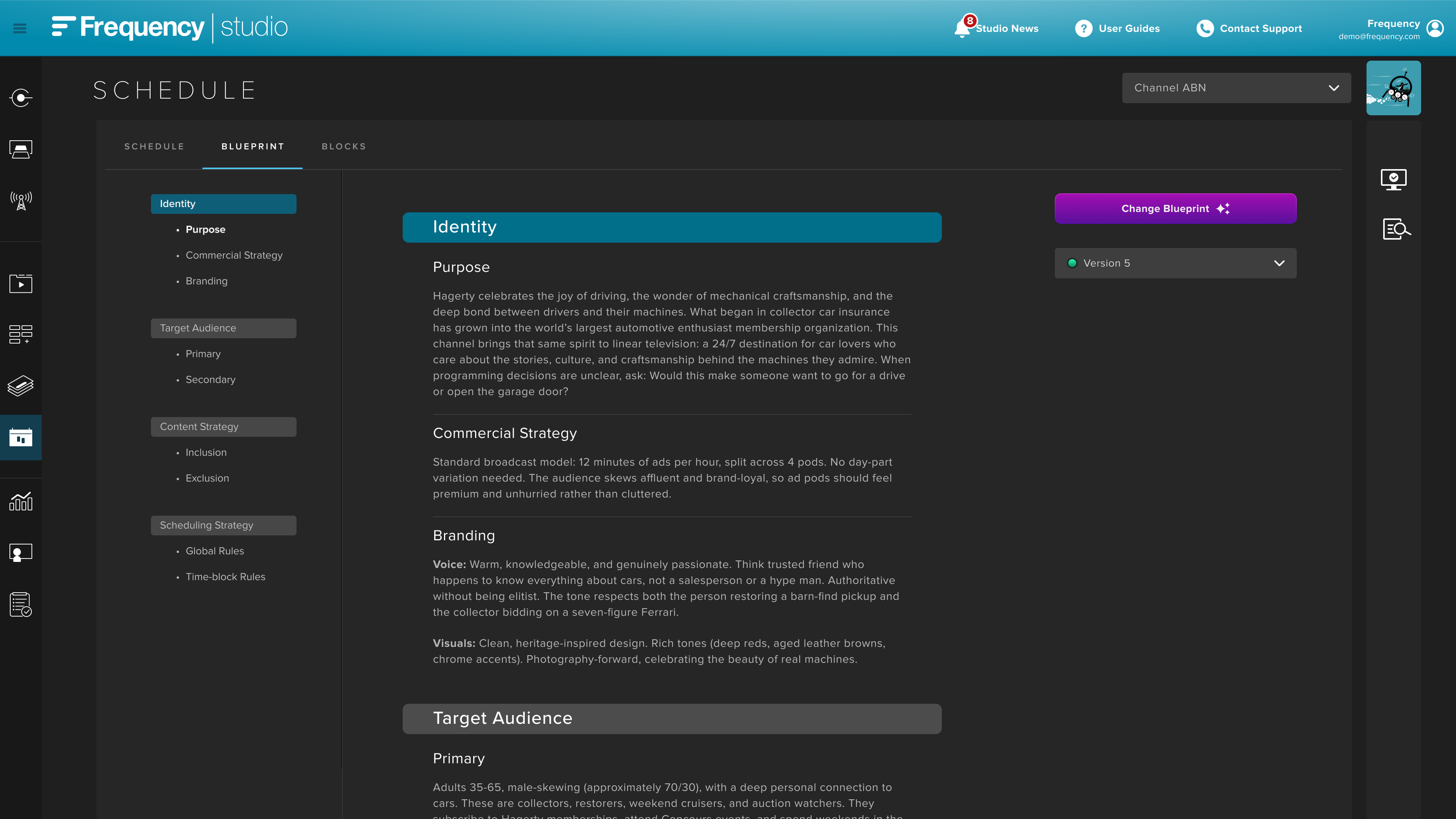 SCHEDULE Blueprint document view showing a channel's identity, audience, and content strategy organized into collapsible sections