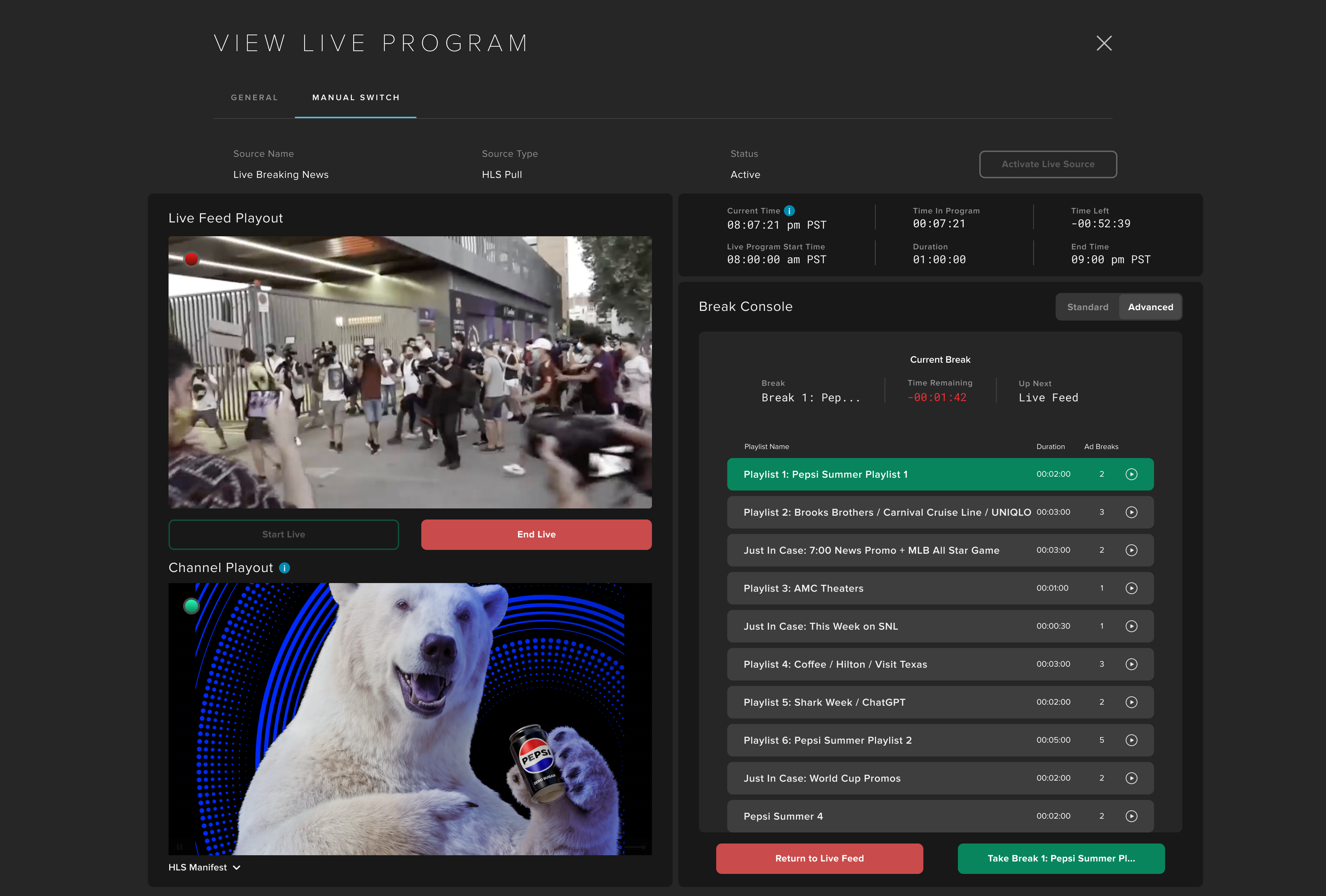 View Live Program interface during a manual source switch, showing the preview and program monitors